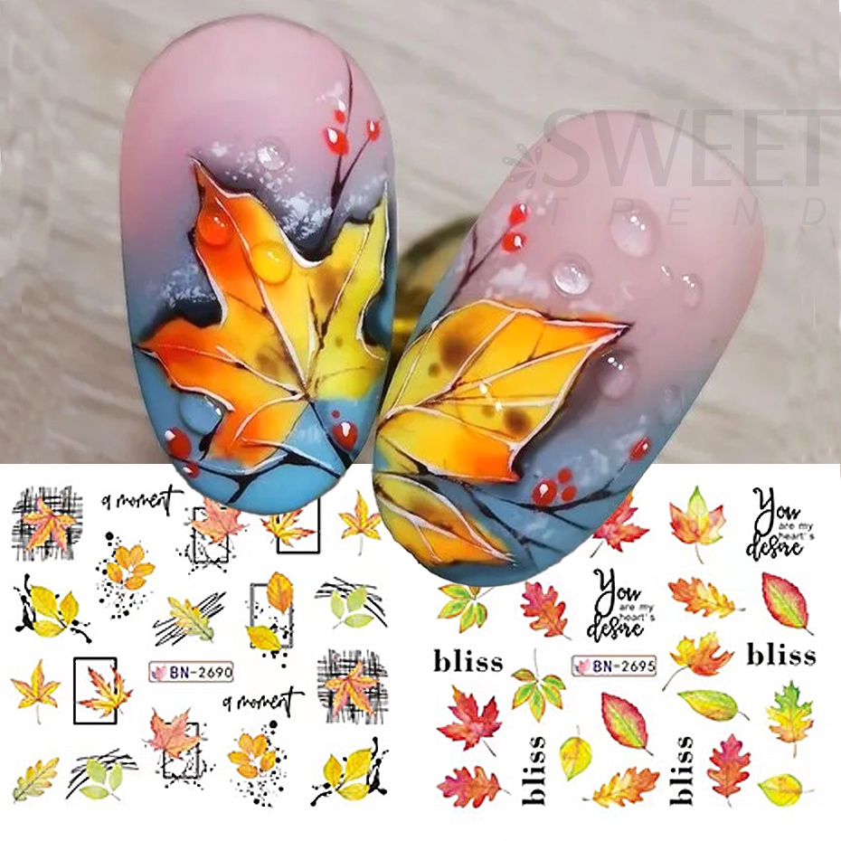 Set 12 Miếng Dán Trang Trí Móng Tay Hình Lá Phong Halloween