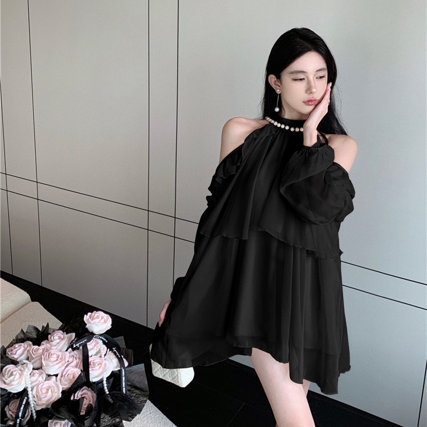 Áo Kiểu Chất Chiffon Tay Dài Thiết Kế Trễ Vai Hợp Thời Trang