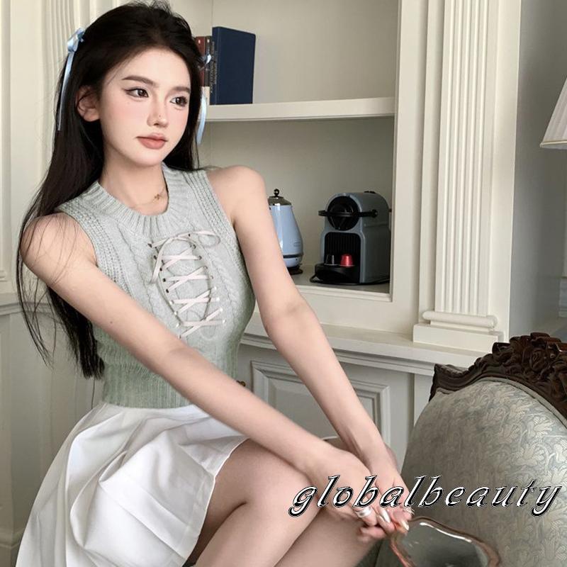 Áo Croptop Dệt Kim Sát Nách Cổ Tròn Màu Sắc Đơn Giản Cho Nữ