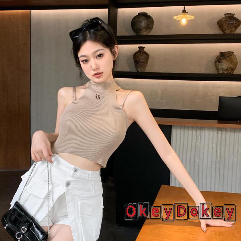 Áo Tank Top Không Tay Dệt Kim Ôm Dáng Thêu Chữ Cho Nữ