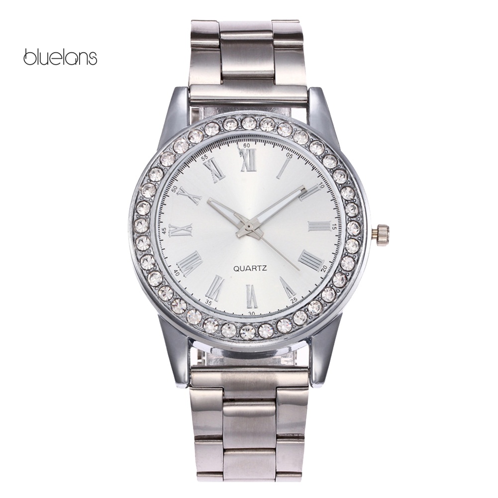 Đồng Hồ Analog Máy Quartz Nữ Mặt Tròn Đính Hột Xoàn Dây Da Sang Trọng