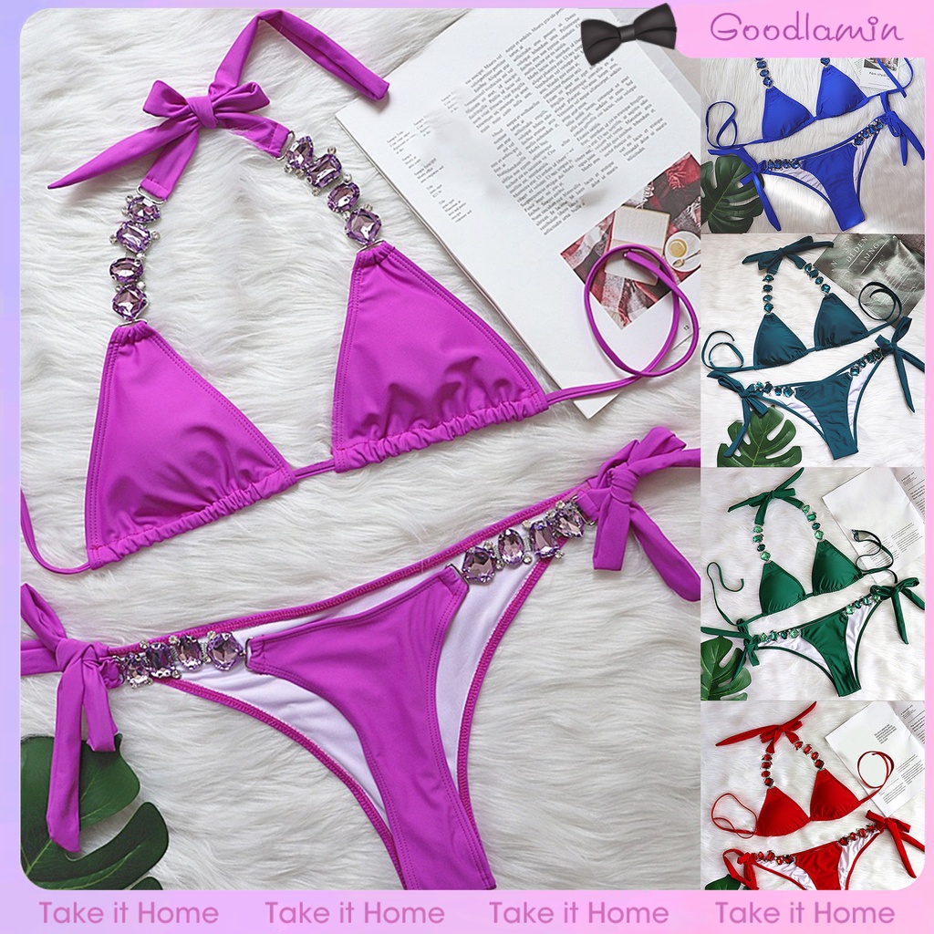 Bộ Bikini 2 Mảnh Đính Đá Kim Loại Màu Sắc Tinh Khiết Có Thể Điều Chỉnh Cho Nữ