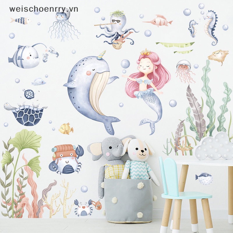 Giấy Dán Tường Hình Cá Heo / Nàng Tiên Cá Hoạt Hình Trang Trí Phòng Bé