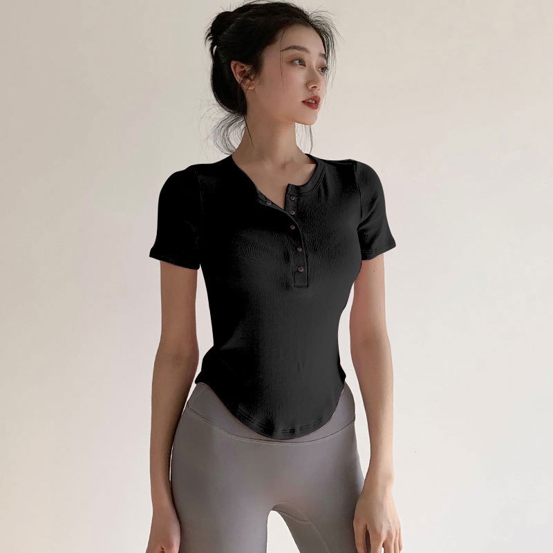Yoga Sports Top Short Sleeve Button rèn luyện và mặc hàng ngày