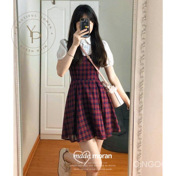 Đầm Tay Phồng Giả Hai Lớp Họa Tiết Sọc Caro Thời Trang Mùa Hè Cho Nữ