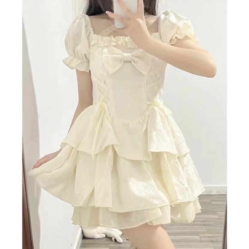 Đầm Công Chúa Dáng Ngắn Ôm Eo Đính Nơ Màu Trắng Thuần Khiết Phong Cách Mori Cho Nữ