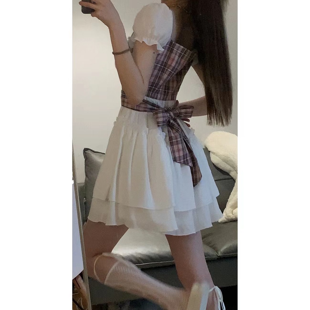 Đầm Ngắn Giả Hai Mảnh Thắt Nơ Eo Họa Tiết Sọc Caro Phong Cách Nhật Bản Ngọt Ngào Mùa Hè Dành Cho Bạn Nữ Mới