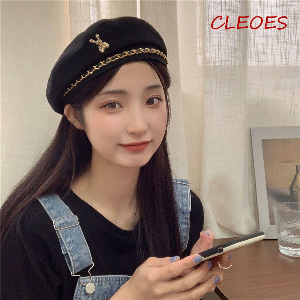 CLEOES Mũ Beret Vải Polyester Phối Dây Xích Kim Loại Dễ Thương Sáng Tạo Thời Trang Thu Đông Cho Nữ
