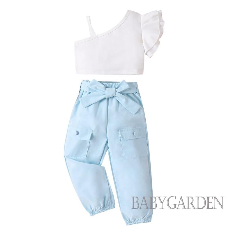 Set Áo Tay Bèo Nhún Màu Sắc Ngọt Ngào + Quần Yếm Lưng Thun Ống Rộng Thời Trang Mùa Hè Cho Bé Gái / 4-7 Tuổi