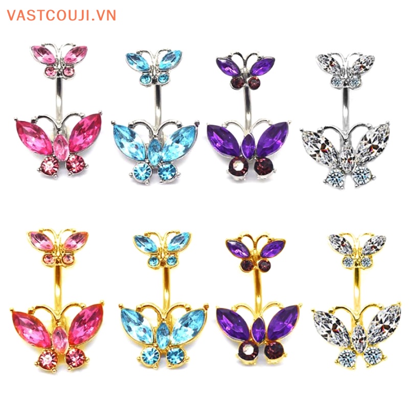 Khuyên Rốn Hình Bướm Hai Lớp Bằng Thủy Tinh Sáng Bóng VASTJI