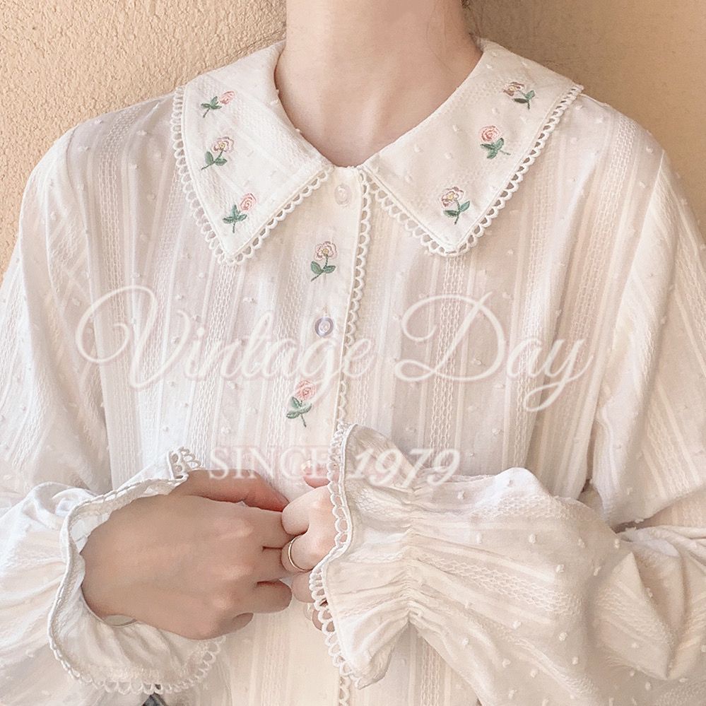 Áo Sơ Mi Cotton Tay Dài Cổ Búp Bê Thêu Họa Tiết Phong Cách Nhật Bản Thời Trang Mùa Xuân Cho Nữ
