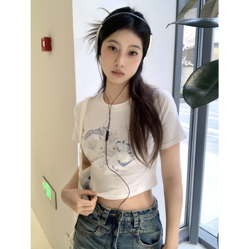Áo Baby Tee Thun Croptop Nữ Tay Ngắn Dáng Ôm In Hình Thỏ Phong Cách Desire Thời Trang Mùa Hè Mới Cho Nữ