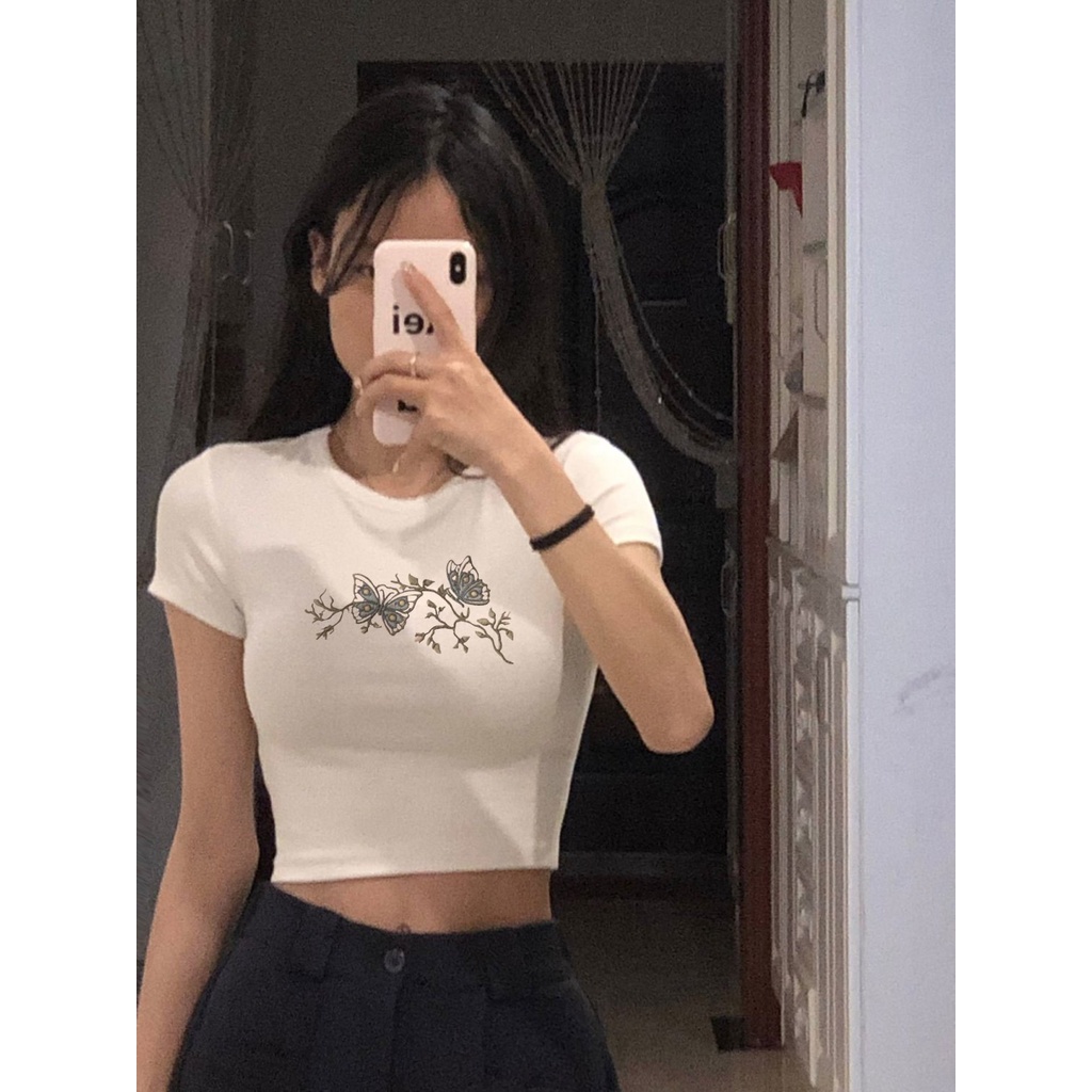 Áo Baby Tee Thun Croptop Nữ Tay Ngắn Hở Vai Màu Trắng Thời Trang Mùa Hè Xinh Xắn Cho Nữ