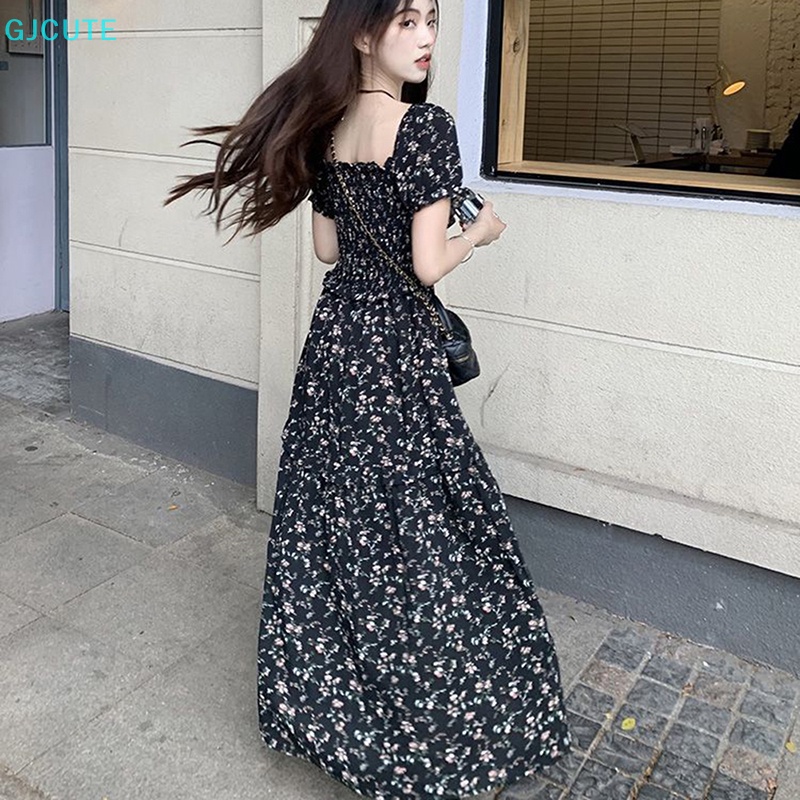 Đầm Maxi Dáng Chữ A Tay Phồng Lưng Cao In Họa Tiết Hoa Xinh Xắn Thời Trang Cho Nữ