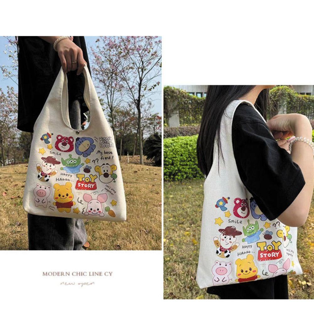 MIQUEL Túi Tote Đeo Vai / Xách Tay Bằng Vải Bạt Sức Chứa Lớn Họa Tiết Gấu Dâu Tây Hoạt Hình Hợp Thời Trang Cho
