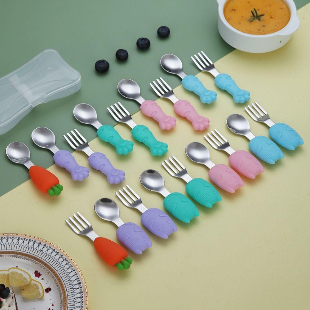 WONDER Bộ Muỗng Nĩa Bằng Silicon Mềm Hình Hoạt Hình Dành Cho Bé Tập Ăn
