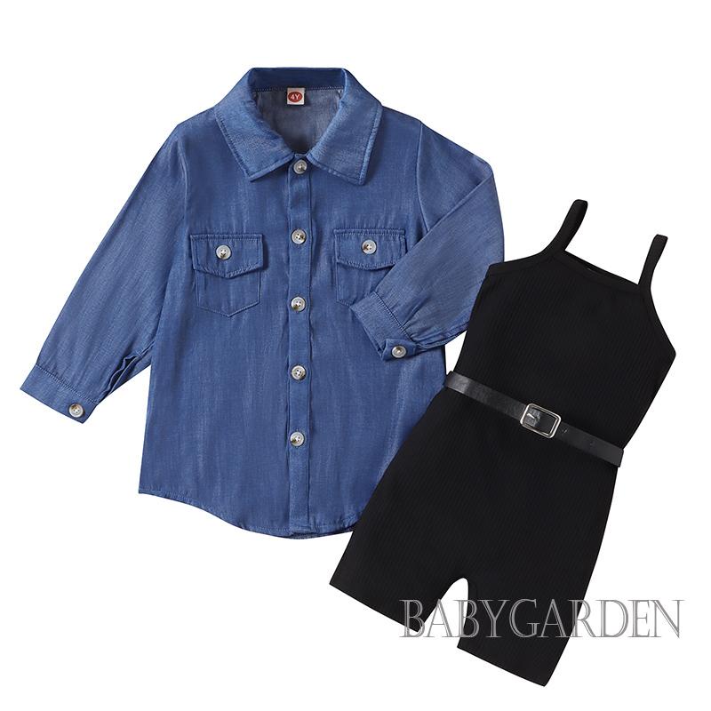 Set Đồ 2 Món Gồm Áo Liền Quần + Áo Sơ Mi Đan Len Không Tay Màu Trơn Kèm Thắt Lưng Dành Cho Bé Gái / 4-7 Tuổi