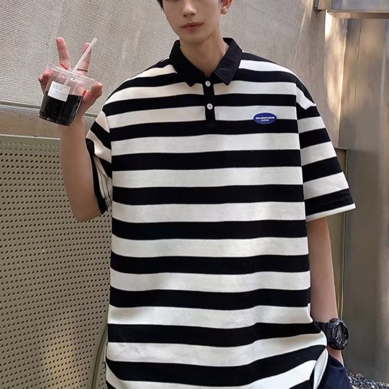 Áo polo PAUL FITZGERALD ngắn tay họa tiết sọc ngang phong cách Hàn Quốc dành cho nam
