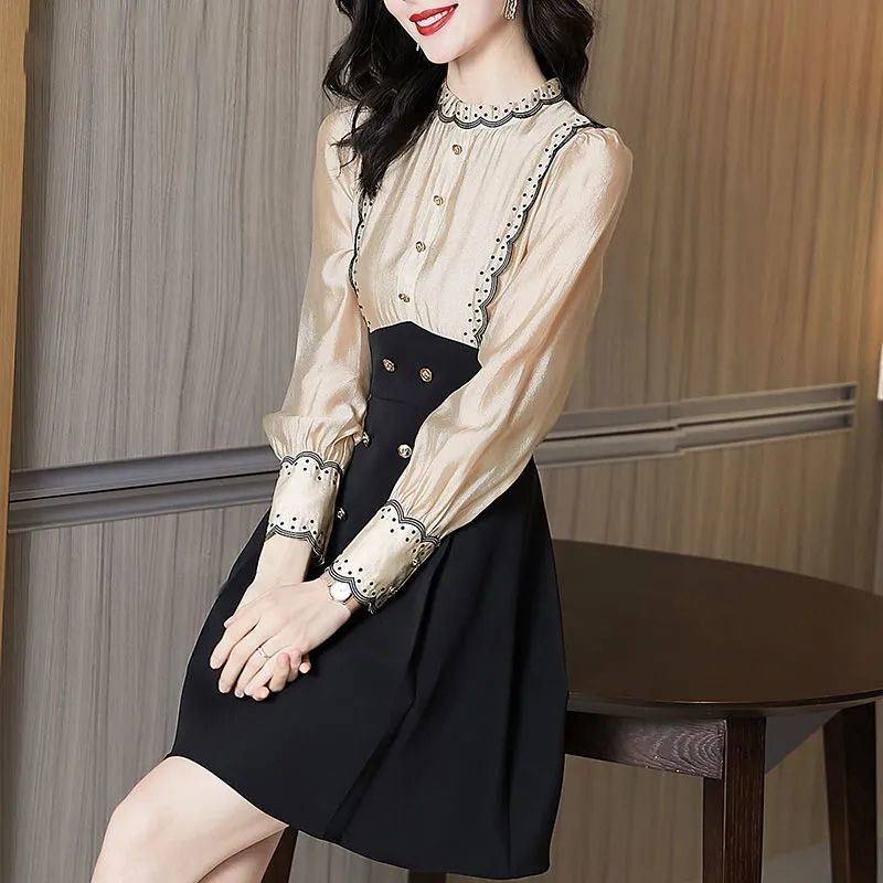 Đầm Sơ Mi Chữ a Tay Dài Ôm Eo Phong Cách Pháp Cổ Điển Thời Trang Mới Cho Nữ