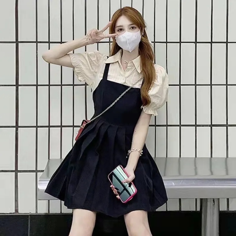 Dễ Thương Đầm Đen Cổ Bẻ Cài Nút Tay Phồng Thanh Lịch Thời Trang Hè Phong Cách Hàn Quốc Cho Nữ