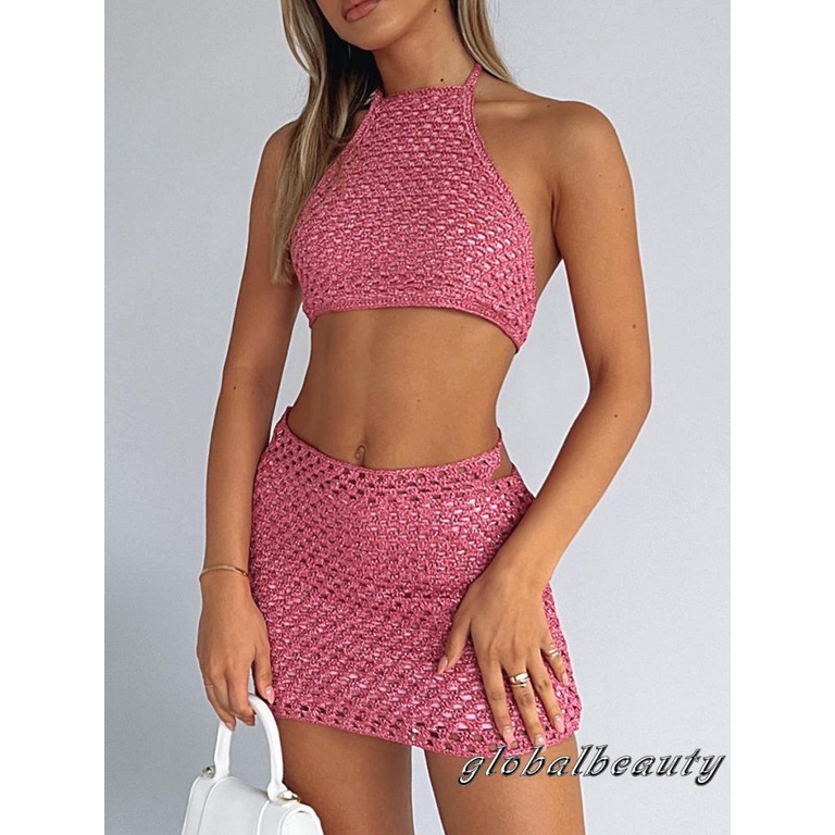 Bộ Áo Croptop Dệt Kim Không Tay Màu Trơn Buộc Dây Lưng Phối Chân Váy Mini Thời Trang Mùa Hè Cho Nữ