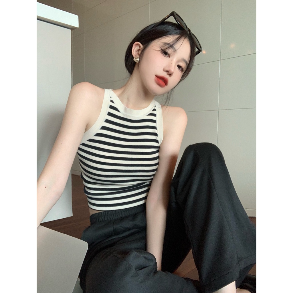 Áo Dệt Kim Hai Dây Ôm Dáng Họa Tiết Kẻ Sọc Thời Trang Mùa Hè Cho Nữ