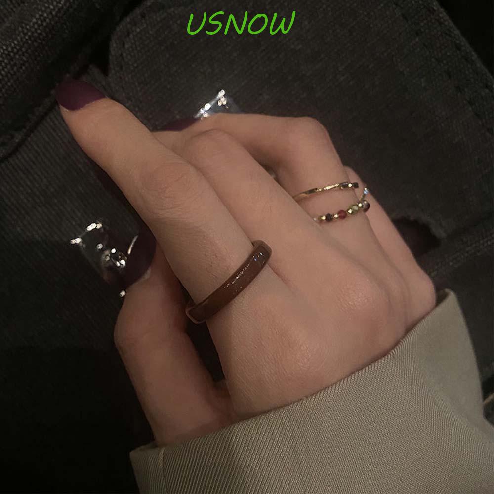 USNOW Set 4 Nhẫn Acrylic Kim Loại Nhiều Màu Sắc Phong Cách Vintage Hàn Quốc