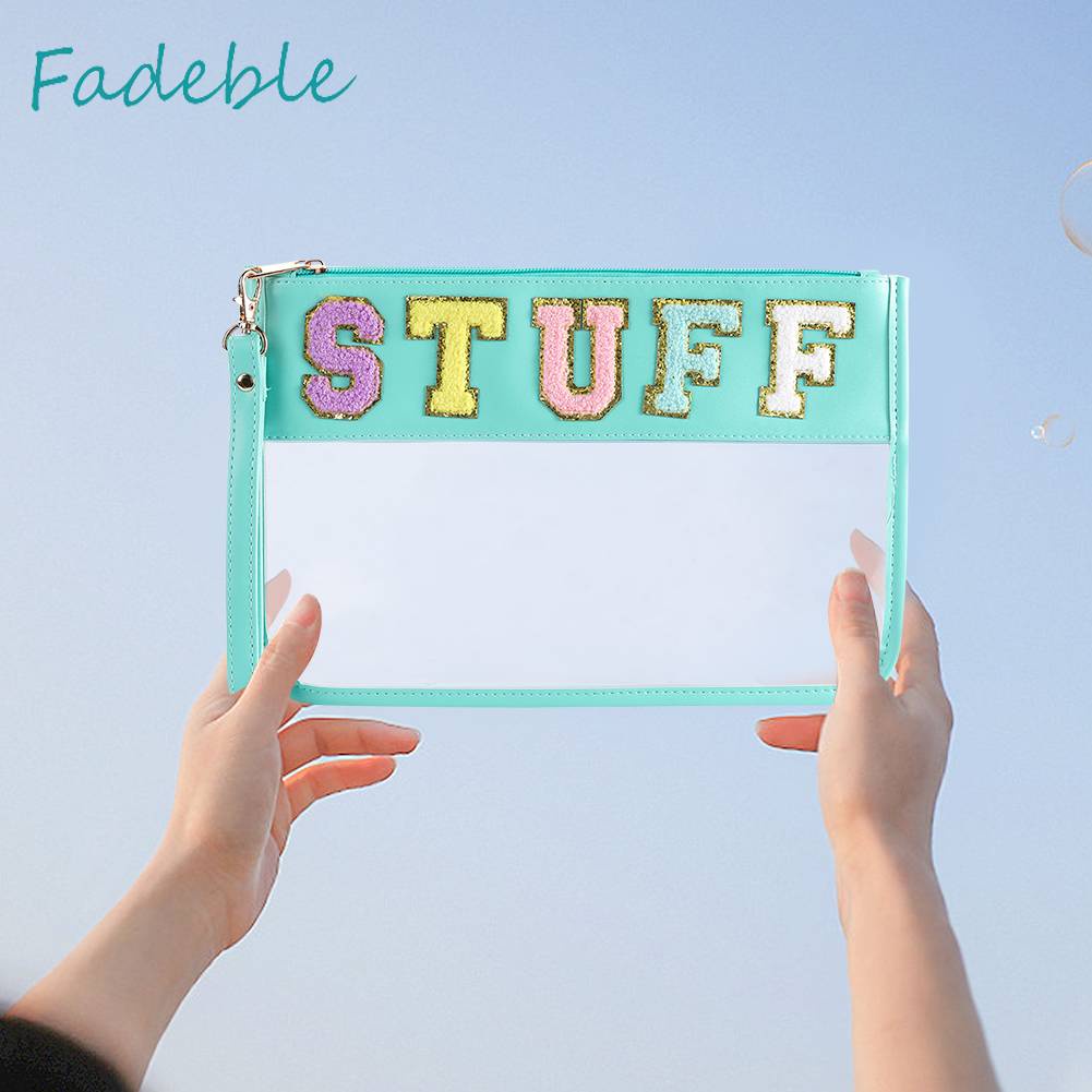 Túi Đựng Mỹ Phẩm Bằng PVC Chenille Trong Suốt In Chữ Có Khóa Kéo Tiện Dụng Mang Theo Du Lịch