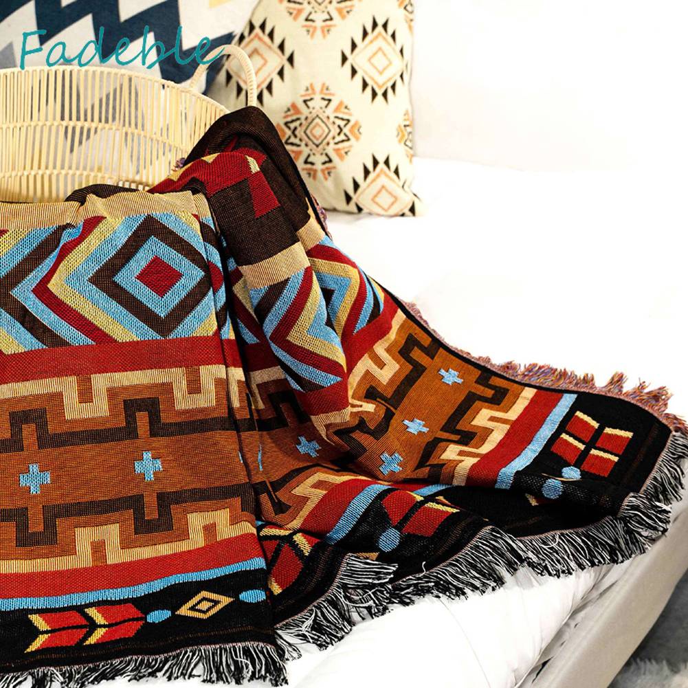 Thảm Cotton Dệt Kim Họa Tiết Thổ Cẩm Phối Tua Rua Có Thể Gấp Gọn Tiện Dụng Mang