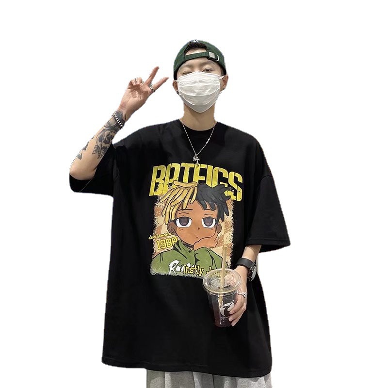 Áo thun nam ngắn tay hoạt hình mùa hè phong cách retro của Mỹ thương hiệu thời trang nửa tay rộng rãi phong cách hip-hop