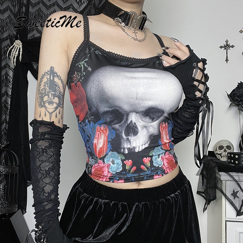 Áo Tank Top Ôm Dáng In Họa Tiết Đầu Lâu Thời Trang Đường Phố Gợi Cảm Hàng Mới 2023 Dành Cho Bạn Nữ