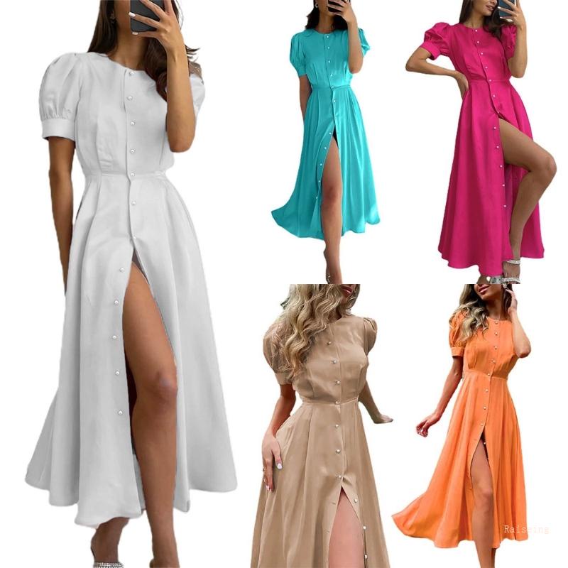 Đầm Midi Màu Trơn Cổ Tròn Cài Nút Trước Thiết Kế Xếp Ly Xinh Xắn Thời Trang Cho Nữ