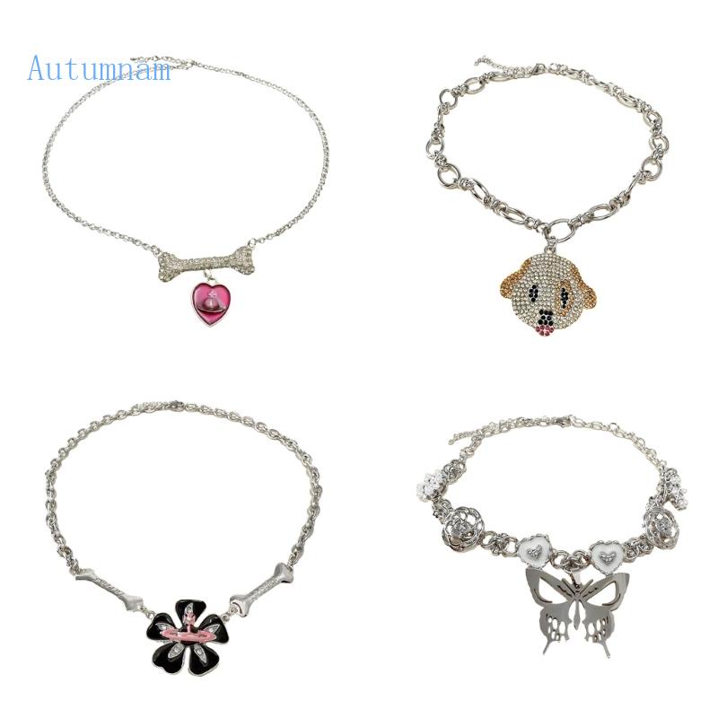 Vòng cổ Mạ Bạc Y2K Mặt Hình Hoa Trà Và Bướm Phong Cách Punk