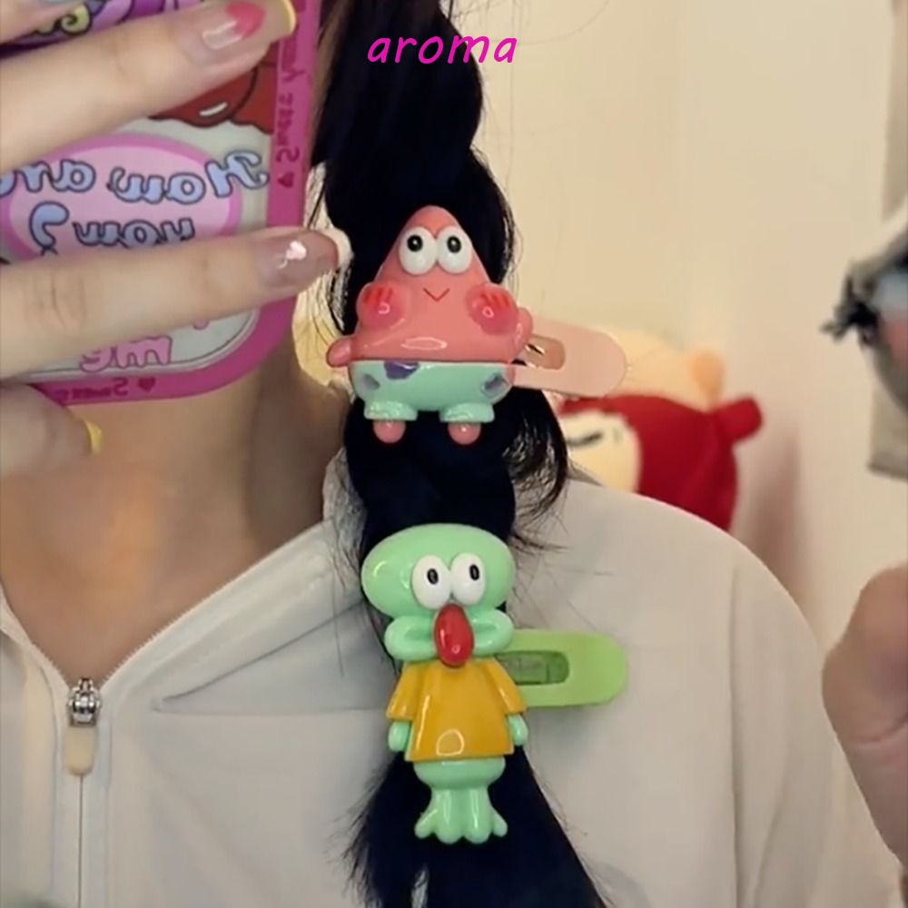 AROMA Kẹp Tóc Họa Tiết Hoạt Hình SpongeBob Phong Cách Retro Sáng Tạo Cho Nữ
