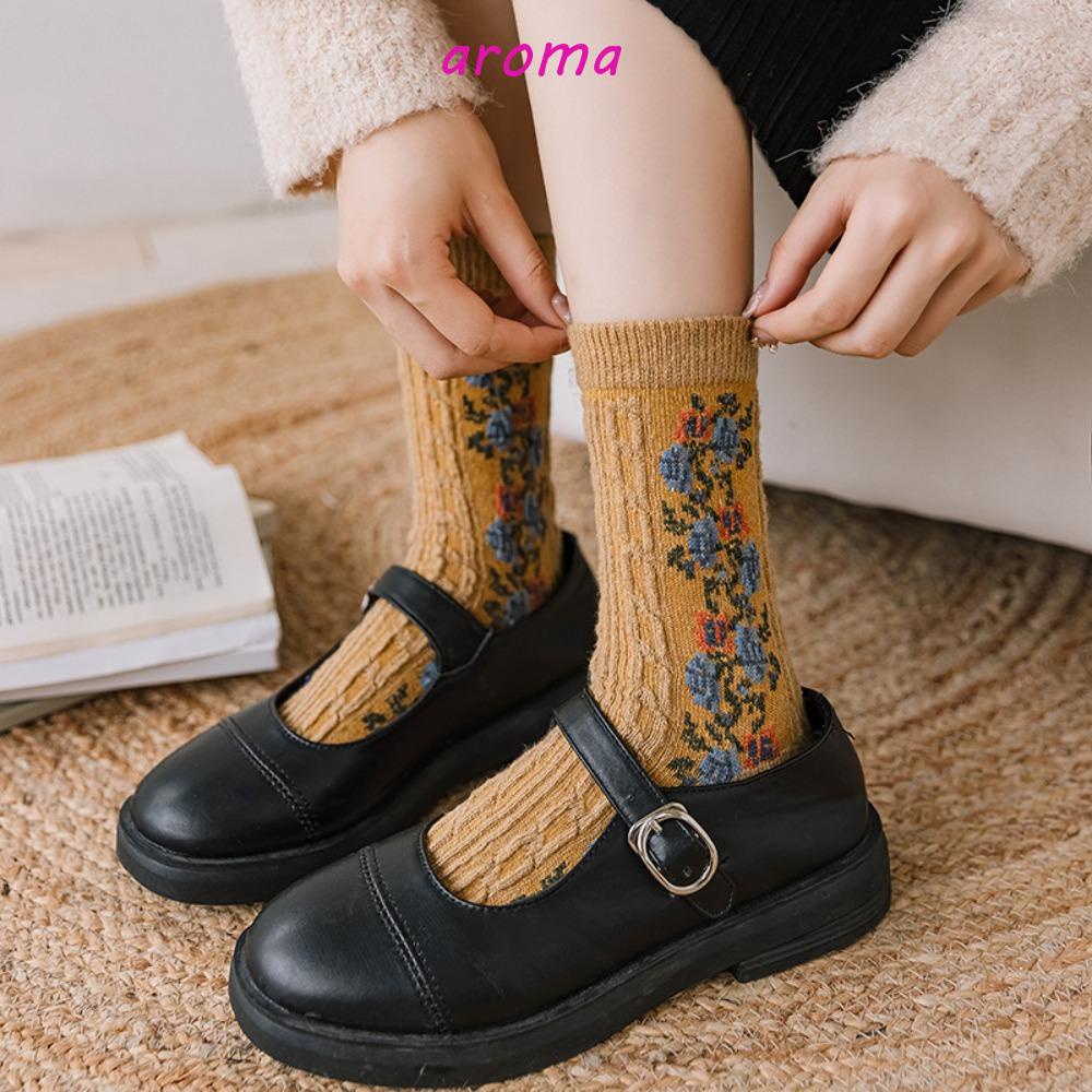 AROMA Đôi Vớ Len Dày Thêu Hình Phong Cách Cổ Điển Cho Nữ