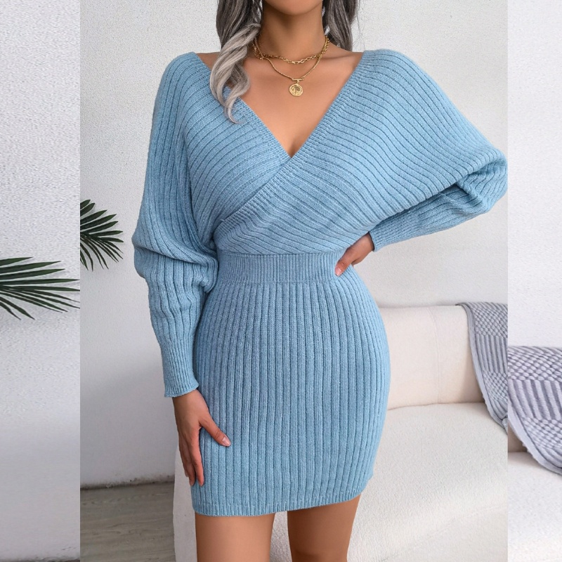 Đầm Midi Dệt Kim Tay Cánh Dơi Cổ Chữ V Hở Lưng Ôm Dáng Phong Cách Đường Phố Thanh Lịch Cho Nữ