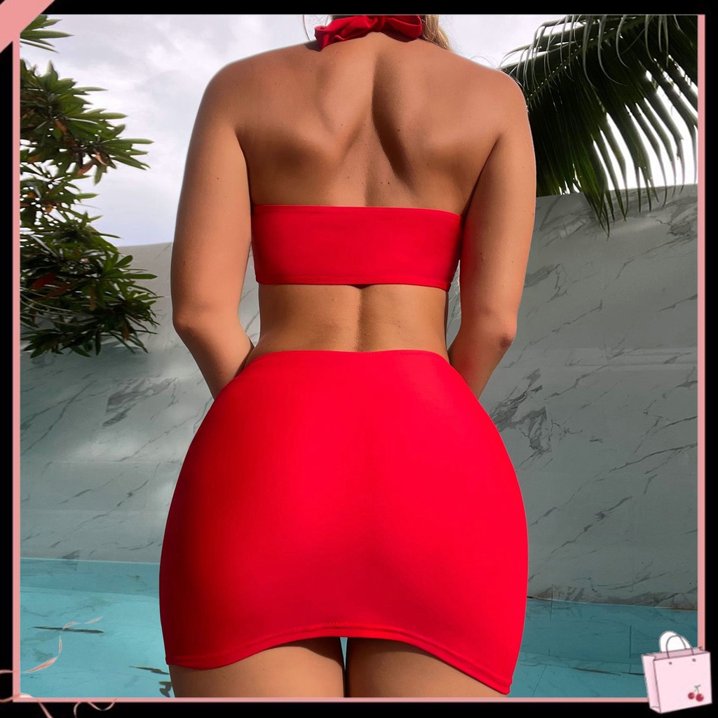 Bộ Đồ Bơi 3 Mảnh Gồm Áo + Chân Váy Lưng Cao + Áo Ngực Dây Rút Họa Tiết Bướm Thời Trang Đi Biển Quyến Rũ