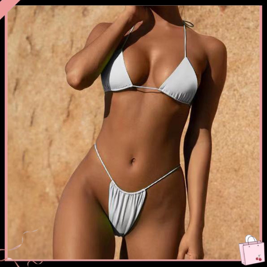 {Soltweter} Bộ Bikini 2 Mảnh Hở Lưng Màu Trơn Có Đệm Ngực Không Gọng Kèm Dây Buộc Hình Tam Giác Đi Biển