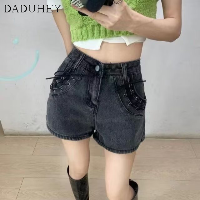 DaDuHey New American Ins High Street Strappy Denim Shorts Niche High Waist A- line Pants Large Size Hot Pants