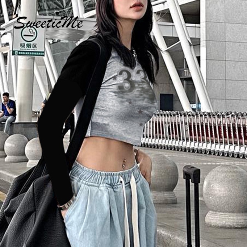 Áo Croptop Tay Dài Cổ Tròn Dáng Ôm Phối Màu Tương Phản Thời Trang 2023 Cho Nữ