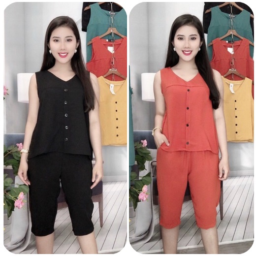 Đồ Bộ Lửng Cổ Tim Vải Đũi Co Dãn Mềm Mại Thoáng Mát, FREESIZE Dưới 55Kg Nguyên Khánh Store