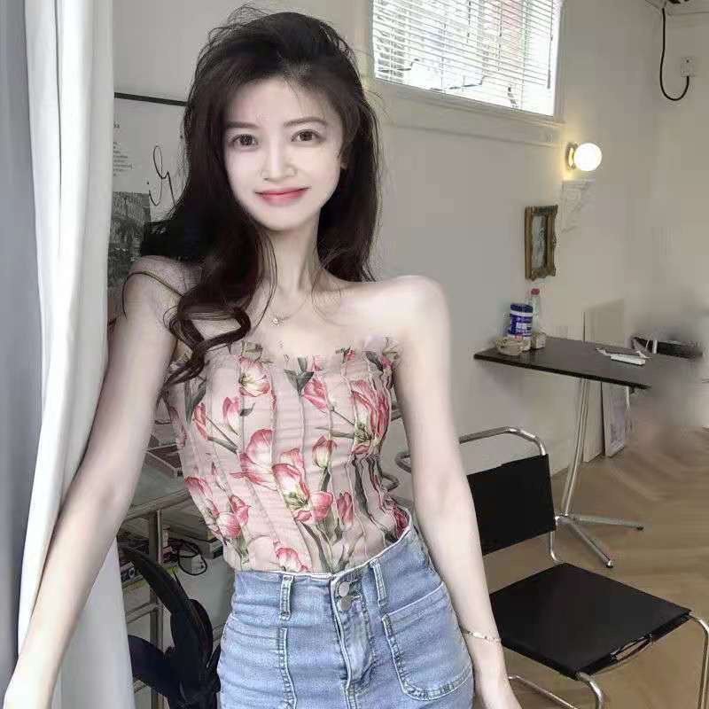 Áo Ống Mỏng Hở Lưng Họa Tiết Hoa Phong Cách Pháp Cho Nữ