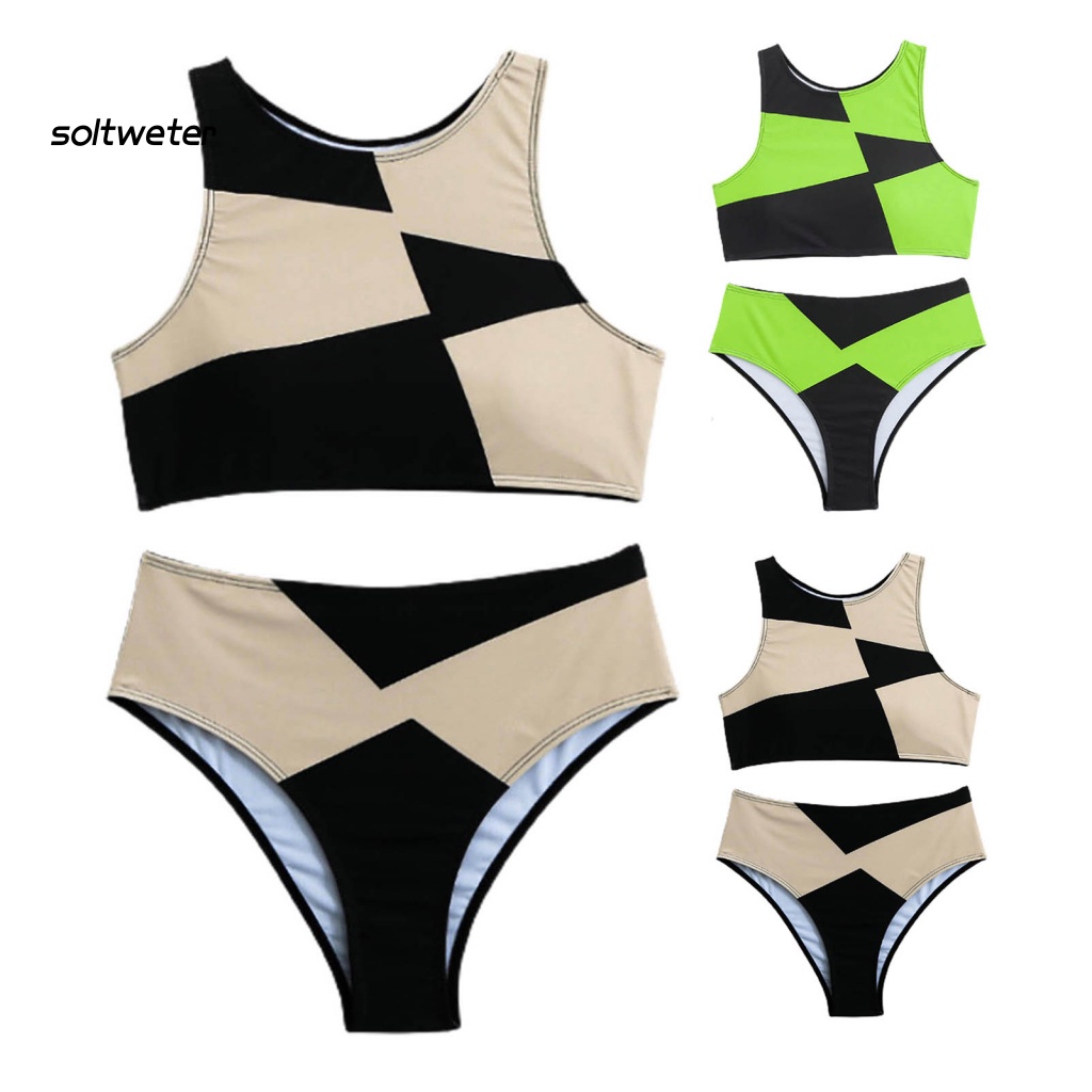 Bộ Bikini 2 Mảnh Cổ Tròn Lưng Cao Họa Tiết Hình Học Cho Nữ