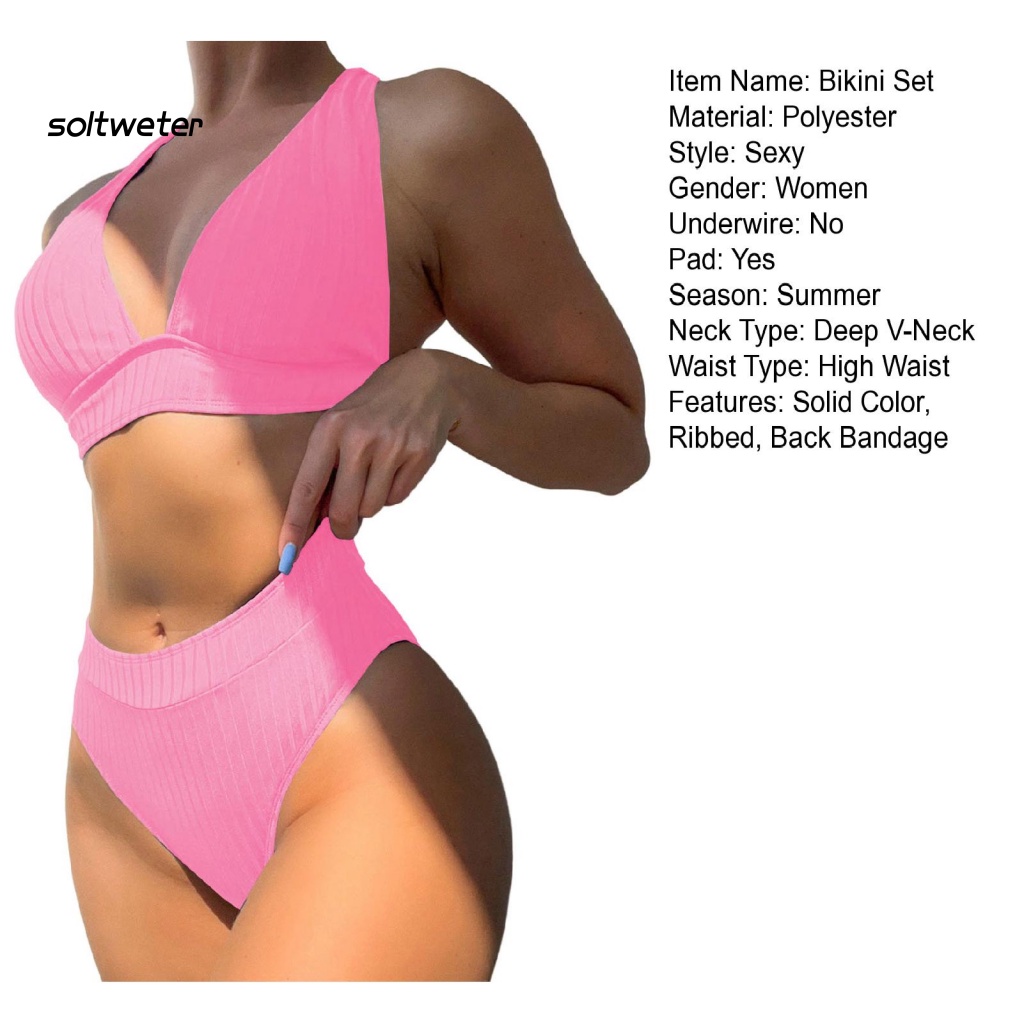 Bộ Bikini 2 Mảnh Màu Trơn Cổ V Sâu Lưng Cao Có Gân Và Quần Lót Gợi Cảm Cho Nữ