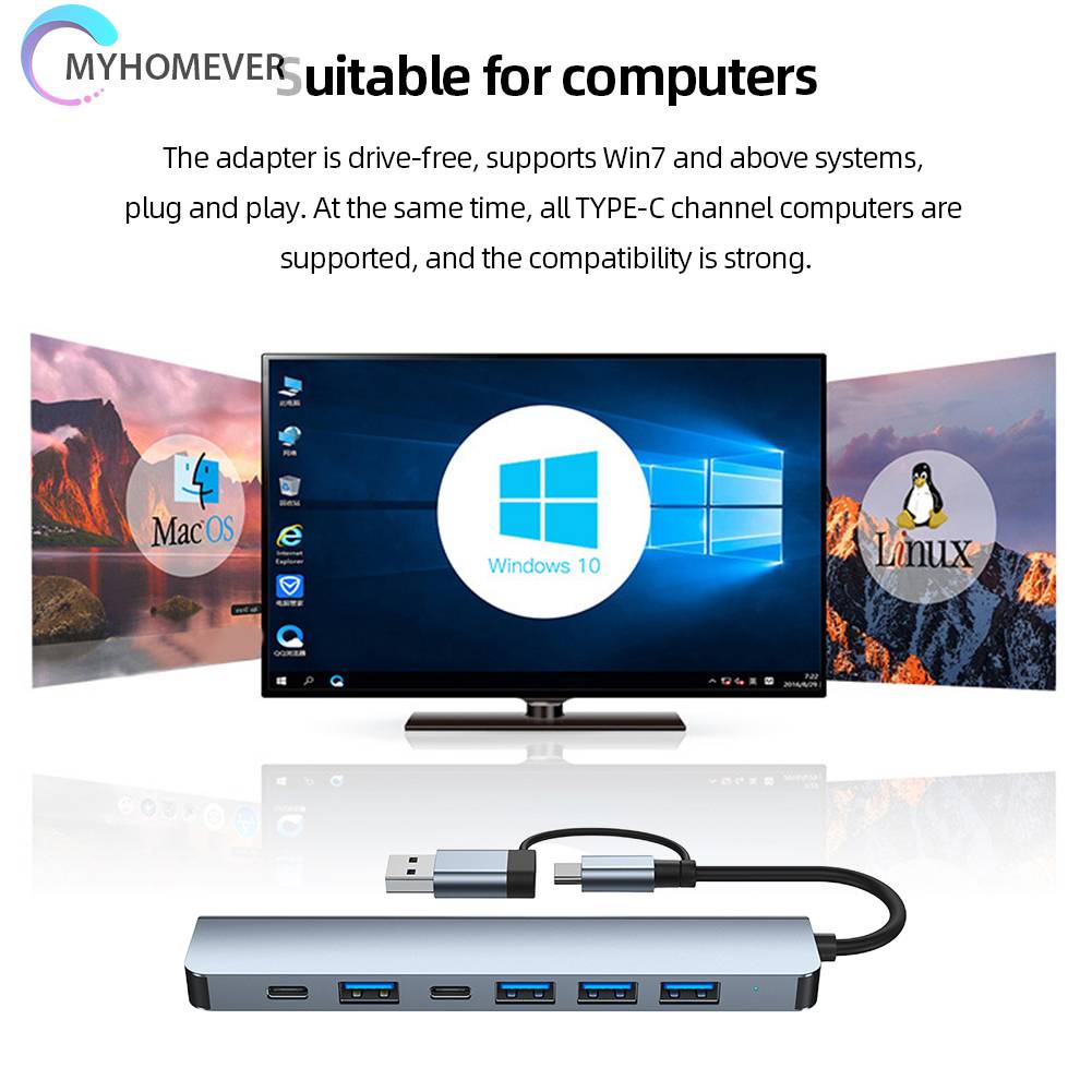 Bộ Chia 7 Trong 1 USB Sang USB3.0 2.0 5W Type C