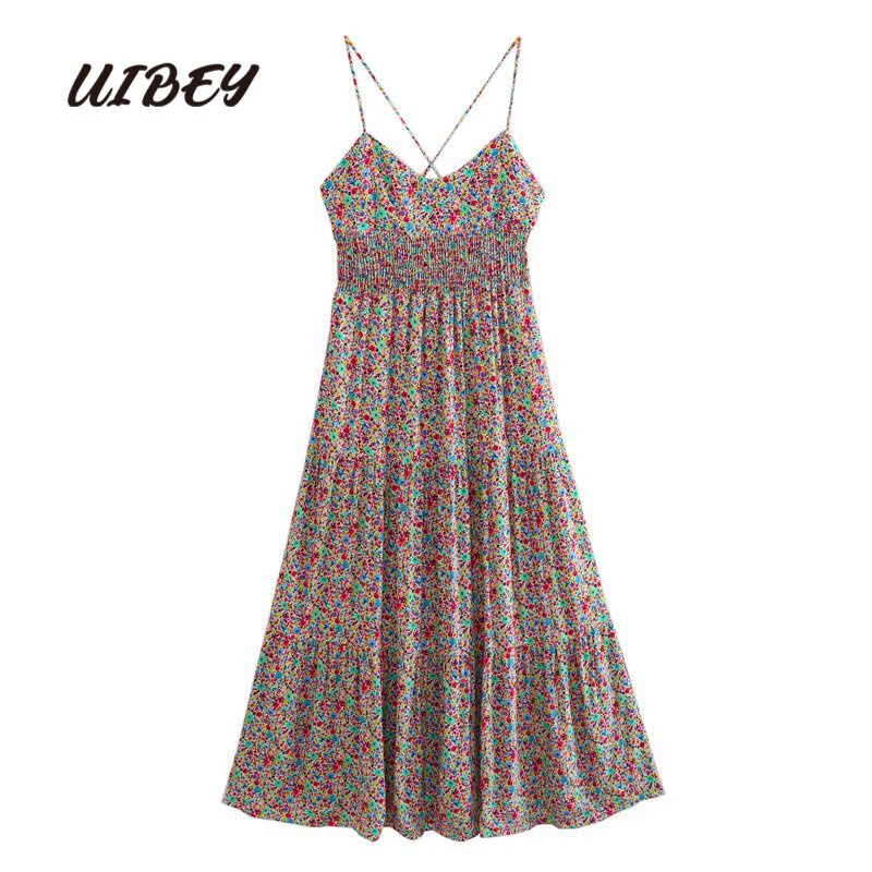 Uibey Đầm Cổ Chữ V In Họa Tiết Hoa Nhí Xinh Xắn Thời Trang 9570