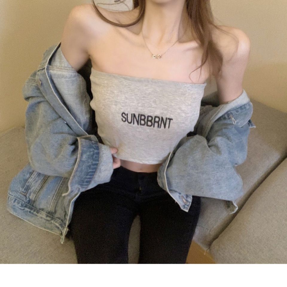 Áo Ống Ngắn Thêu Chữ Phong Cách Pháp Quyến Rũ Thời Trang Cho Nữ