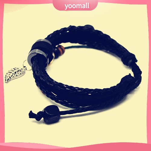 Vòng Tay Giả Da Nhiều Lớp Đính Hạt Và Mặt Hình Lá Có Thể Điều Chỉnh Kích Thước Unisex