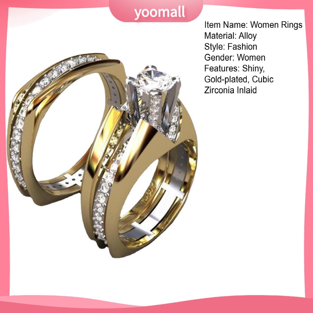 Set 2 Nhẫn Đính Hôn Đính Đá Zircon Hai Màu Sắc Lấp Lánh Dành Cho Nữ