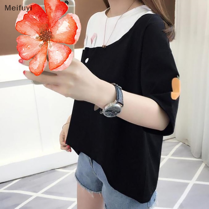 [Meifuyi] Summer Rabbit Embroidery Patchwork T-shirt Women Round Neck Short Sleeve Casual Loose T-shirt COD